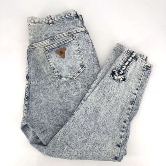 Vintage Y2K Cap Ferrat Womens Acid Wash Hi Rise Bow Tapered Mom Jeans Blue Sz 34 - Picture 1 of 16